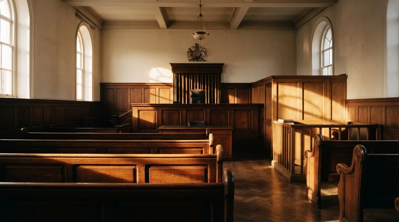An empty courtroom with wooden benches in morning light