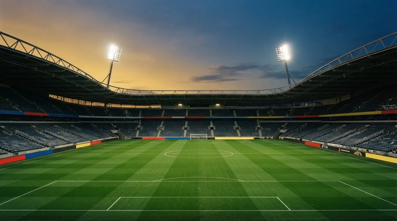 An empty football stadium with floodlight masts at dusk